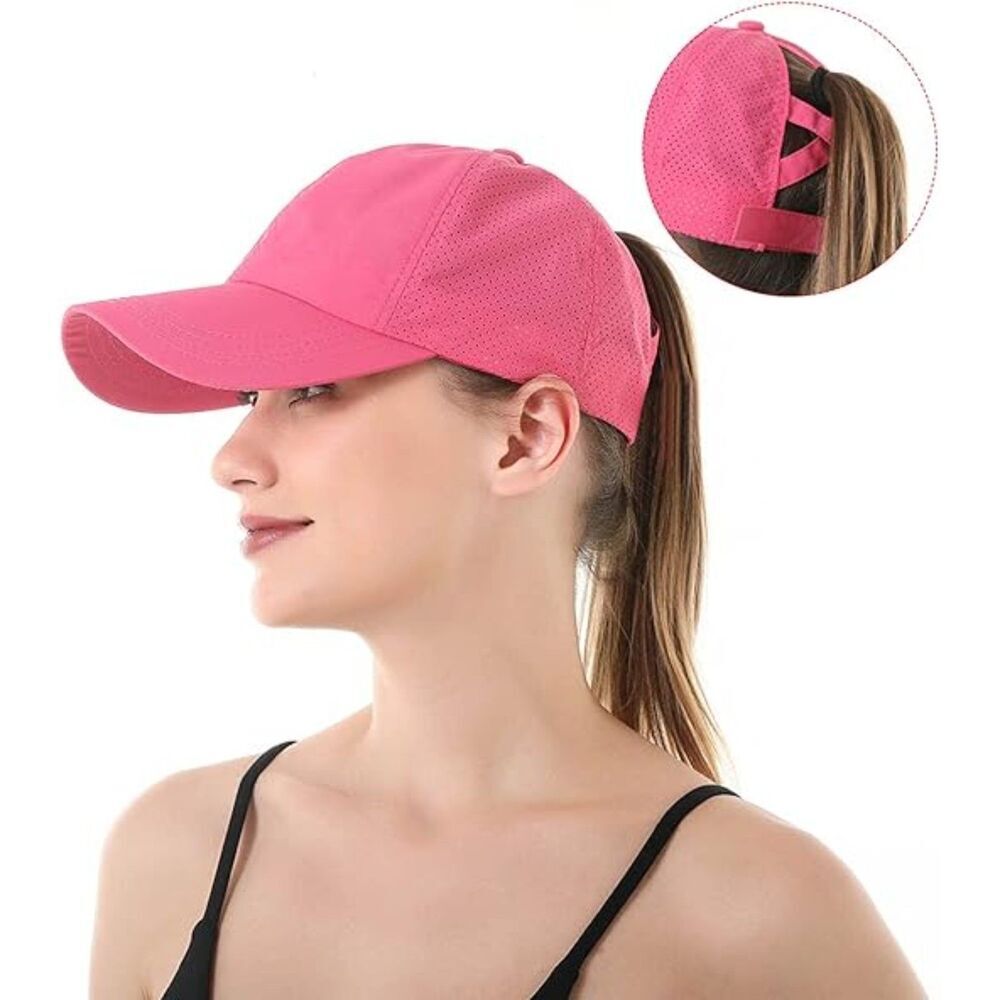 Women's Rose Red Crises Cross Ponytail Adjustable High Messy Bun Baseball Cap - Picture 2 of 2